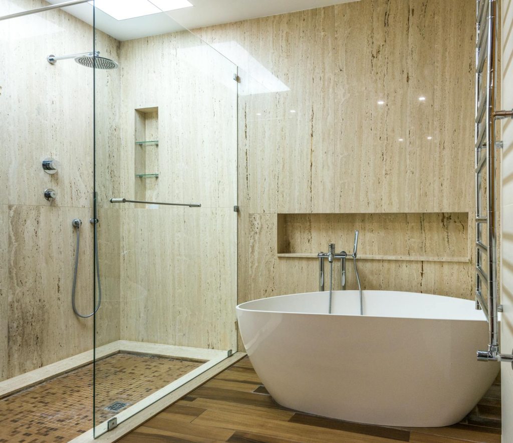 A luxurious bathroom featuring Galala marble tiles